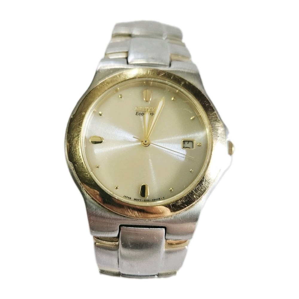 Citizen Eco-Drive Mens Date Watch Two Tone Stainless Champagne E111